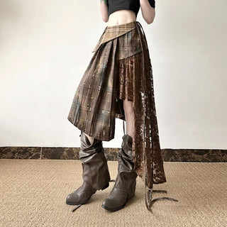 Plaid irregular lace patchwork midi skirt
