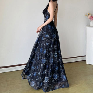 Square neck slit flower print cami maxi dress