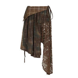Plaid irregular lace patchwork midi skirt