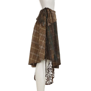 Plaid irregular lace patchwork midi skirt