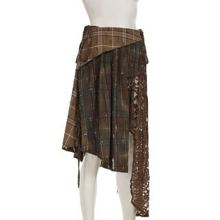Plaid irregular lace patchwork midi skirt