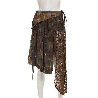 Plaid irregular lace patchwork midi skirt