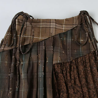 Plaid irregular lace patchwork midi skirt