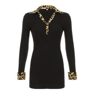 Turnover collar leopard print button mini dress