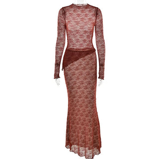 Long sleeve lace see through maxi skirt set