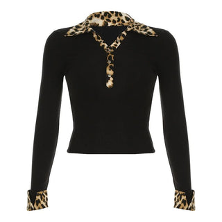Turnover collar button long sleeve leopard print patchwork top