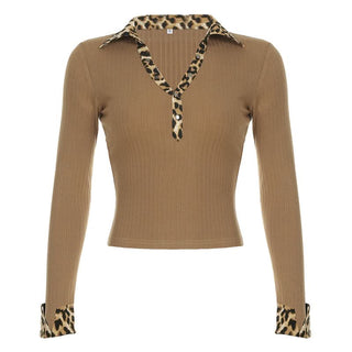 Turnover collar button long sleeve leopard print patchwork top