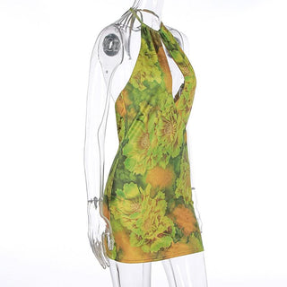Halter hollow out backless flower print cut out mini dress