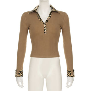 Turnover collar button long sleeve leopard print patchwork top