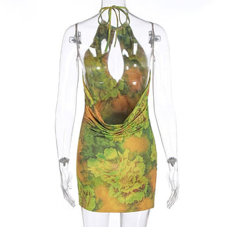Halter hollow out backless flower print cut out mini dress