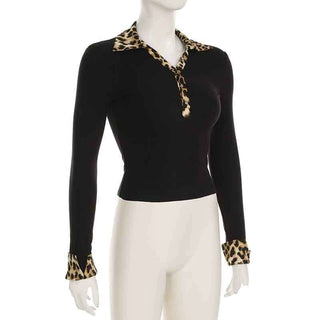 Turnover collar button long sleeve leopard print patchwork top
