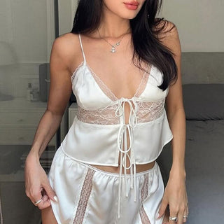 V neck satin lace hem cami top