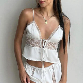 V neck satin lace hem cami top