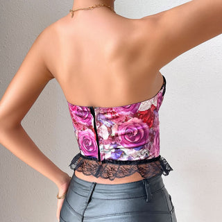 Sweetheart neck flower print lace hem zip up tube top