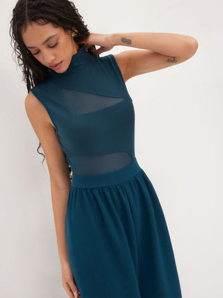 High Neck Solid Cut Out Patched Wide Leg Jumpsuit
