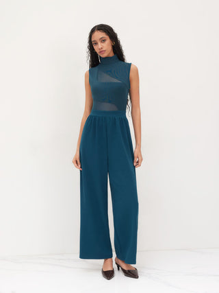 High Neck Solid Cut Out Patched Wide Leg Jumpsuit