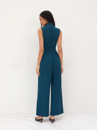 High Neck Solid Cut Out Patched Wide Leg Jumpsuit