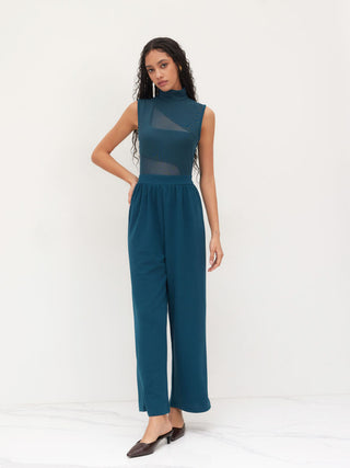 High Neck Solid Cut Out Patched Wide Leg Jumpsuit