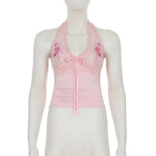 Halter embroidery bowknot lace hem top
