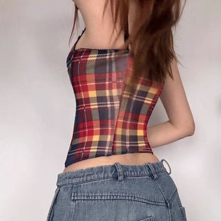 Plaid lace hem bowknot cami top