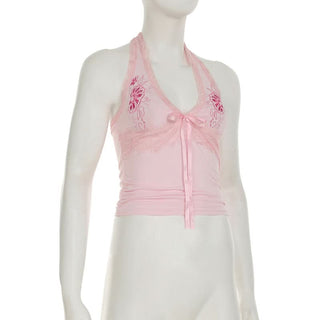 Halter embroidery bowknot lace hem top