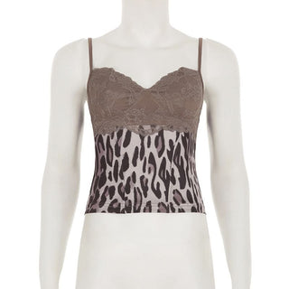 Sweetheart neck leopard print lace hem cami top