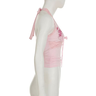 Halter embroidery bowknot lace hem top