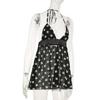 Halter v neck polka dot backless mini dress