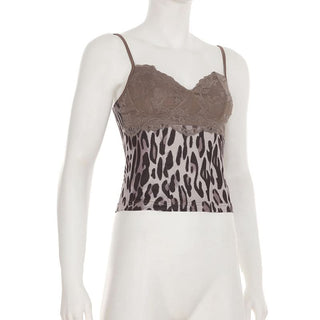 Sweetheart neck leopard print lace hem cami top