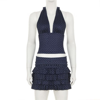 Halter v neck polka dot ruffle mini skirt set