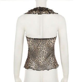 Halter ruffle leopard print backless top