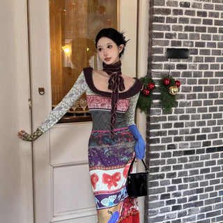 Long sleeve contrast bowknot print maxi dress