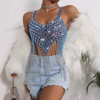 V neck tassels crystal hollow out cami cut out top
