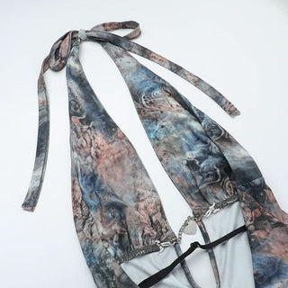 Halter v neck backless contrast maxi dress