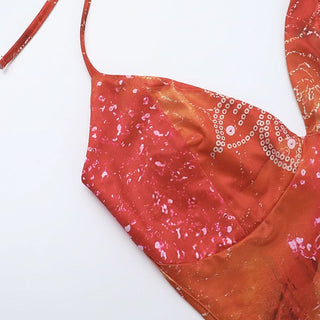 Halter v neck backless contrast maxi dress