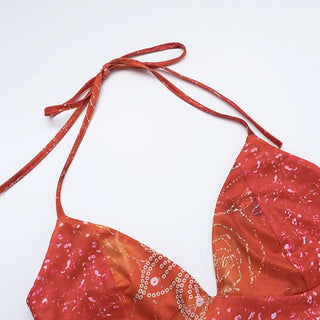 Halter v neck backless contrast maxi dress