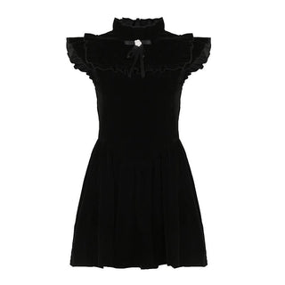 Ruffle bowknot cap sleeve zip-up velvet mini dress