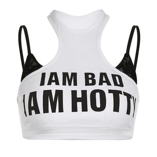 Crewneck hollow out letter pattern patchwork cut out top