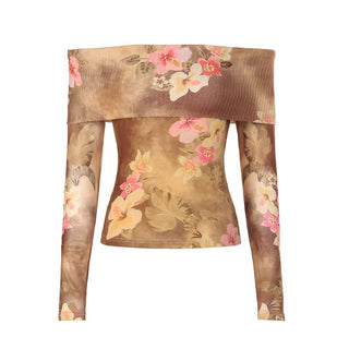 Off shoulder long sleeve flower print contrast top
