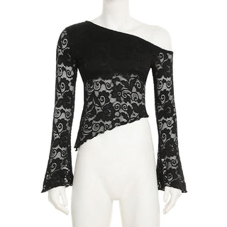 Irregular long sleeve lace one shoulder solid top