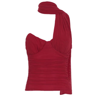 Ruched halter irregular backless red top