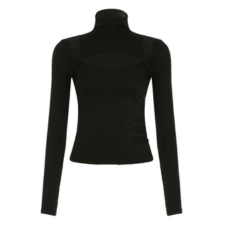 Hollow out long sleeve high neck irregular solid cut out top