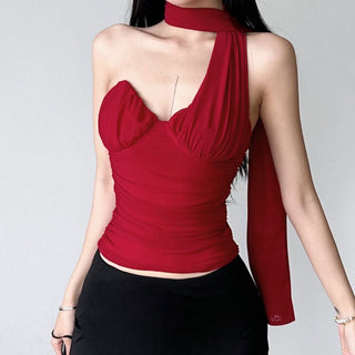 Ruched halter irregular backless red top