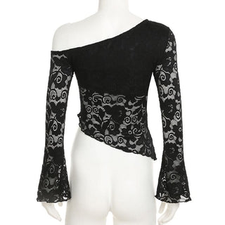 Irregular long sleeve lace one shoulder solid top