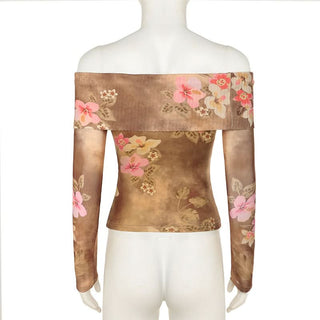 Off shoulder long sleeve flower print contrast top