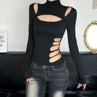 Hollow out long sleeve high neck irregular solid cut out top