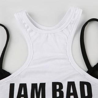 Crewneck hollow out letter pattern patchwork cut out top