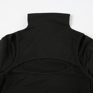 Hollow out long sleeve high neck irregular solid cut out top