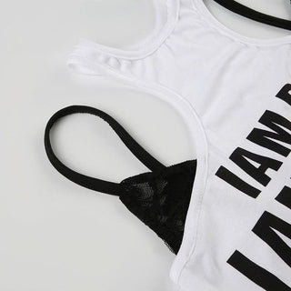 Crewneck hollow out letter pattern patchwork cut out top