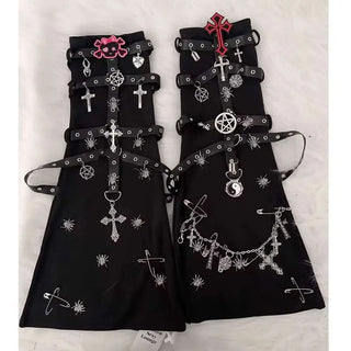 Metal chain cross skull applique knee sleeve